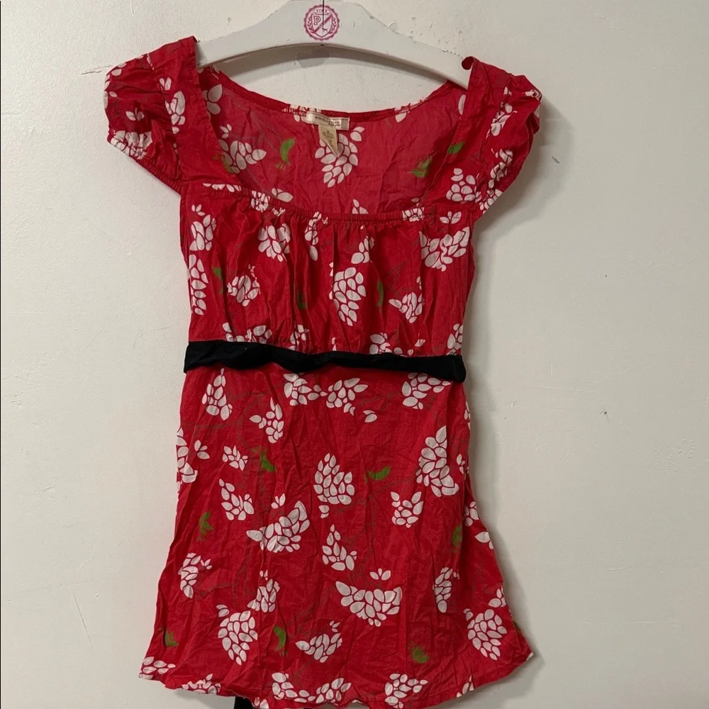 Ambiance Red Floral Short Sleeve Dress with Black Waist Tie - Picture 1 of 3